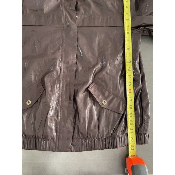 Chico’s 80’s Wet Look Brown Shiny Bomber Jacket Hooded 3/4 sleeve Size 1 / Med - Picture 6 of 12